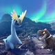 Amaura and Tyrunt on some rocks, in a POGO promo.